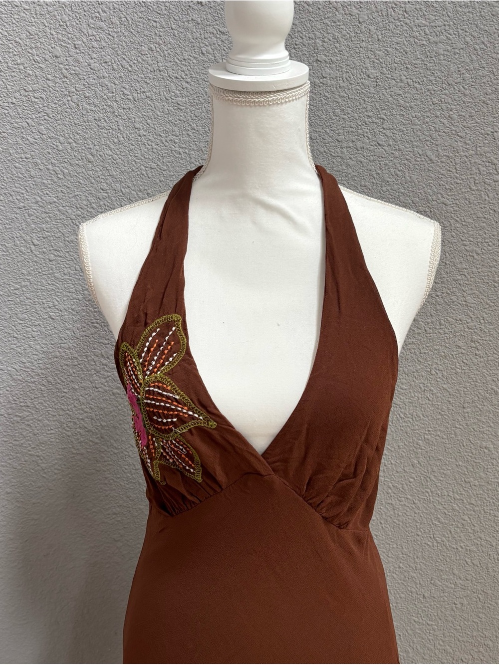 Brown Halter Floral Accent Maxi Dress - Picture 2 of 6